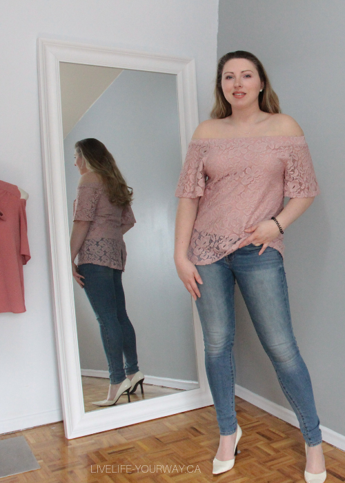 Valentine's Day Outfit Say What? blush off the shoulder top, American Eagle jeans, BCBGirls cream heels