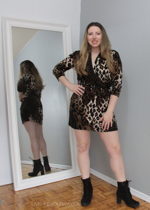 Valentine's Day Outfit Chico Leopard dress, Old Navy black belt and Timberland Glancy boots