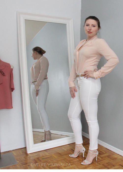 Valentine's Day Outfit Calvin Klein v-neck blouse, Charlotte Russe white jeans, Town Shoes sandals