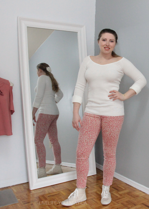 Valentine's Day Outfit Dynamite cream long sleeve ribbed shirt, Forever21 pink leopard jeans & Old Navy beige high tops