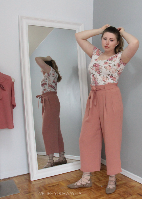 Valentine's Day Outfit Garage floral tee, Zara paperbag waist blush pants, Lily Morgan tie up flats