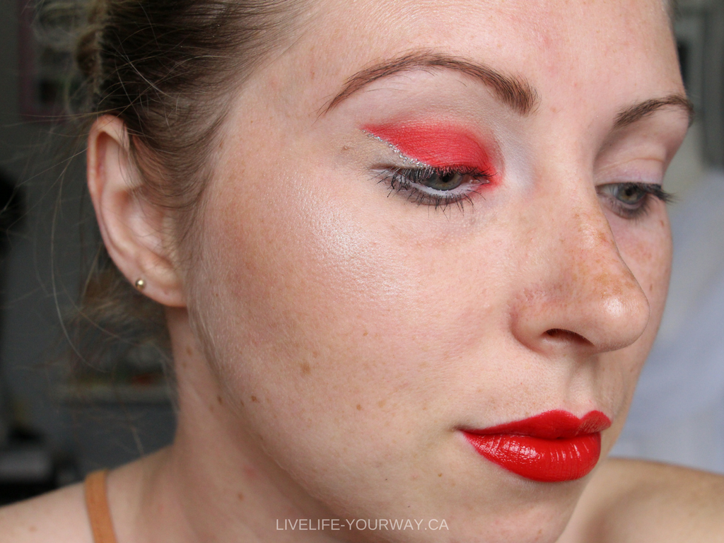 Red, white, glitter floating/invisible eyeliner makeup